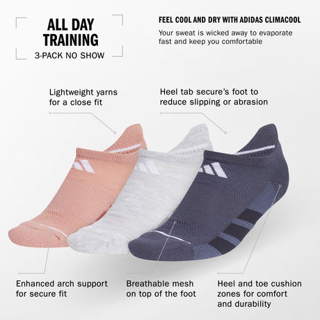adidas Women's All Day Training 3-Pack No Show Socks Unisex Accessories Socks