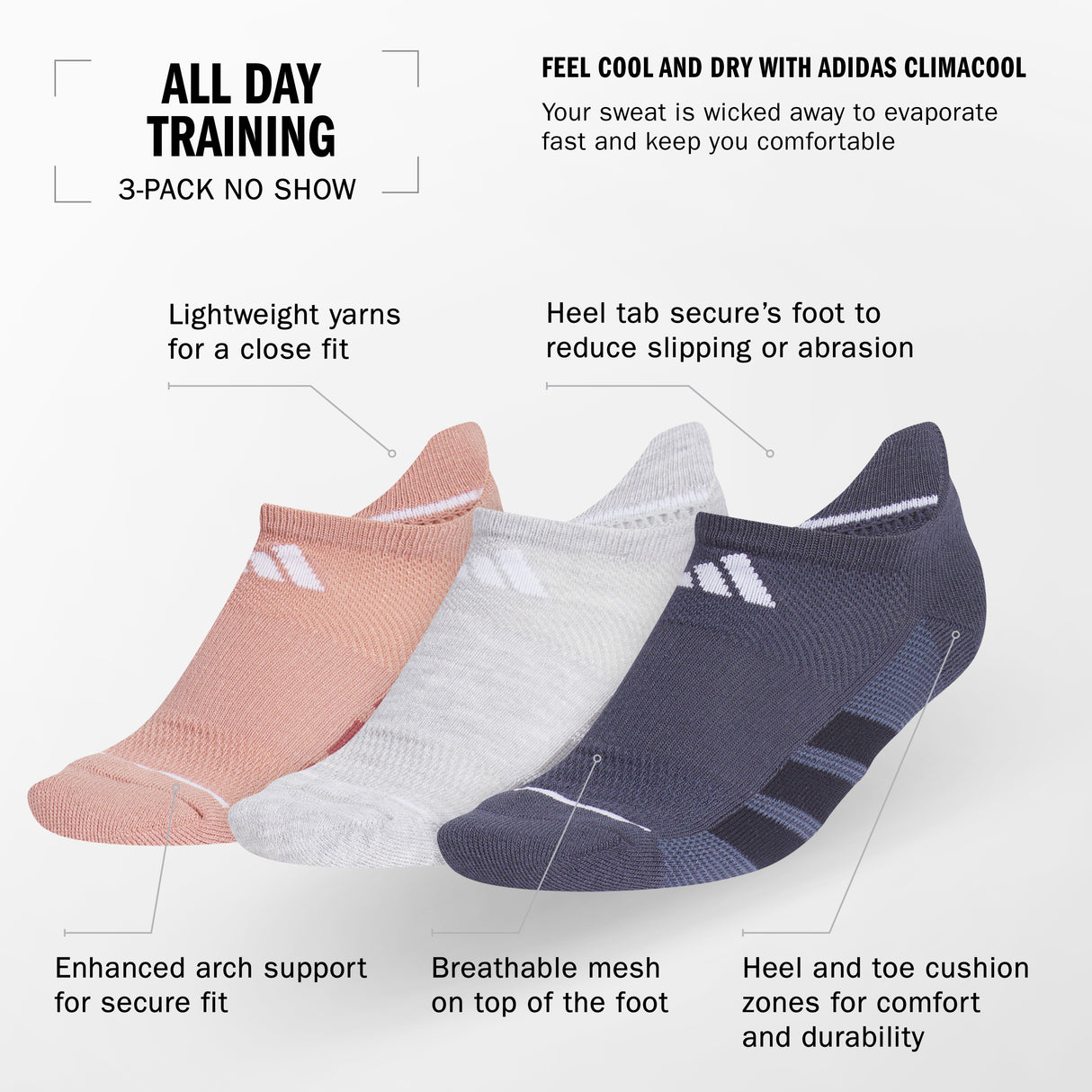 adidas Women's All Day Training 3-Pack No Show Socks Unisex Accessories Socks