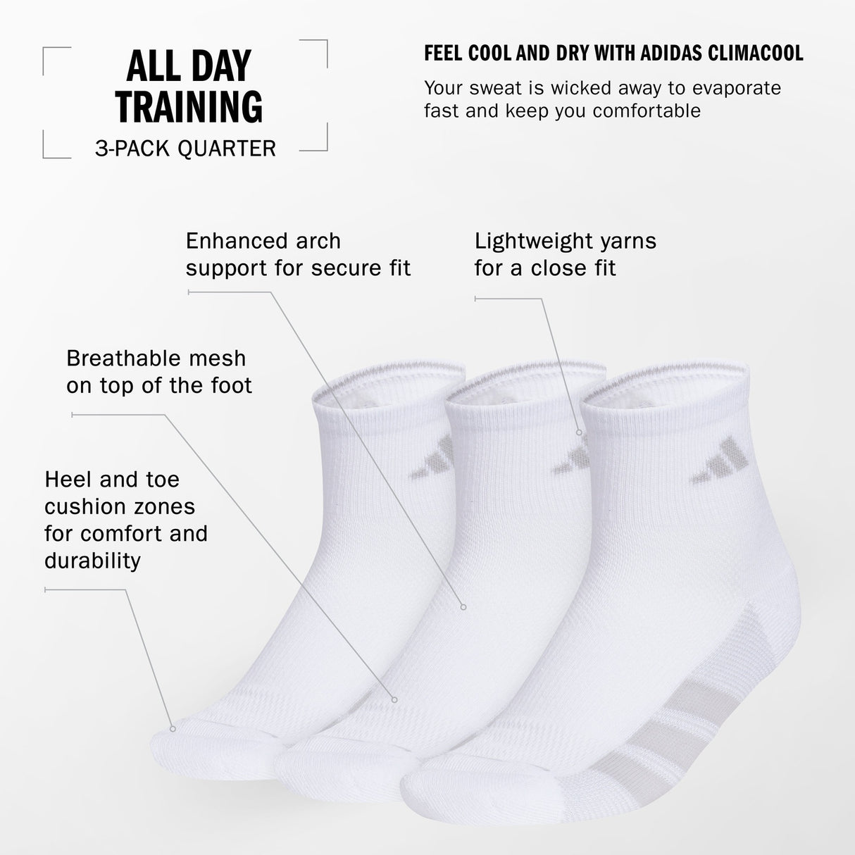 adidas Women's All Day Training 3-Pack Quarter Socks Unisex Accessories Socks