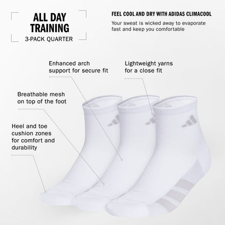 adidas Women's All Day Training 3-Pack Quarter Socks Unisex Accessories Socks