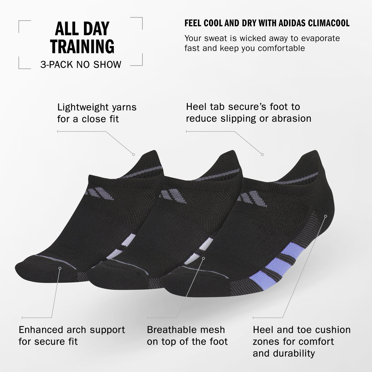 adidas Women's All Day Training 3-Pack No Show Socks Unisex Accessories Socks