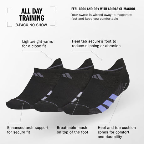 adidas Women's All Day Training 3-Pack No Show Socks Unisex Accessories Socks