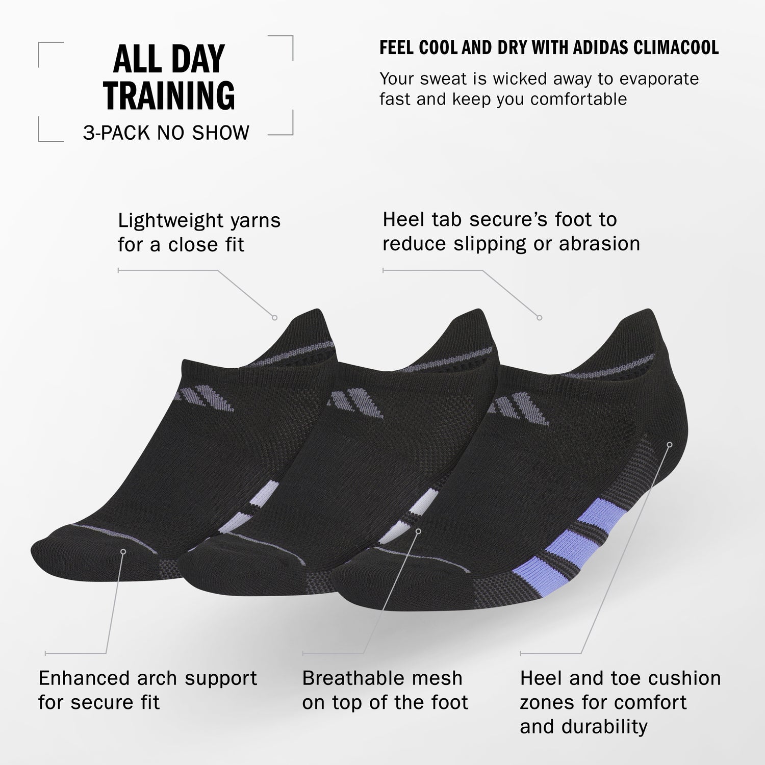 adidas Women's All Day Training 3-Pack No Show Socks Unisex Accessories Socks