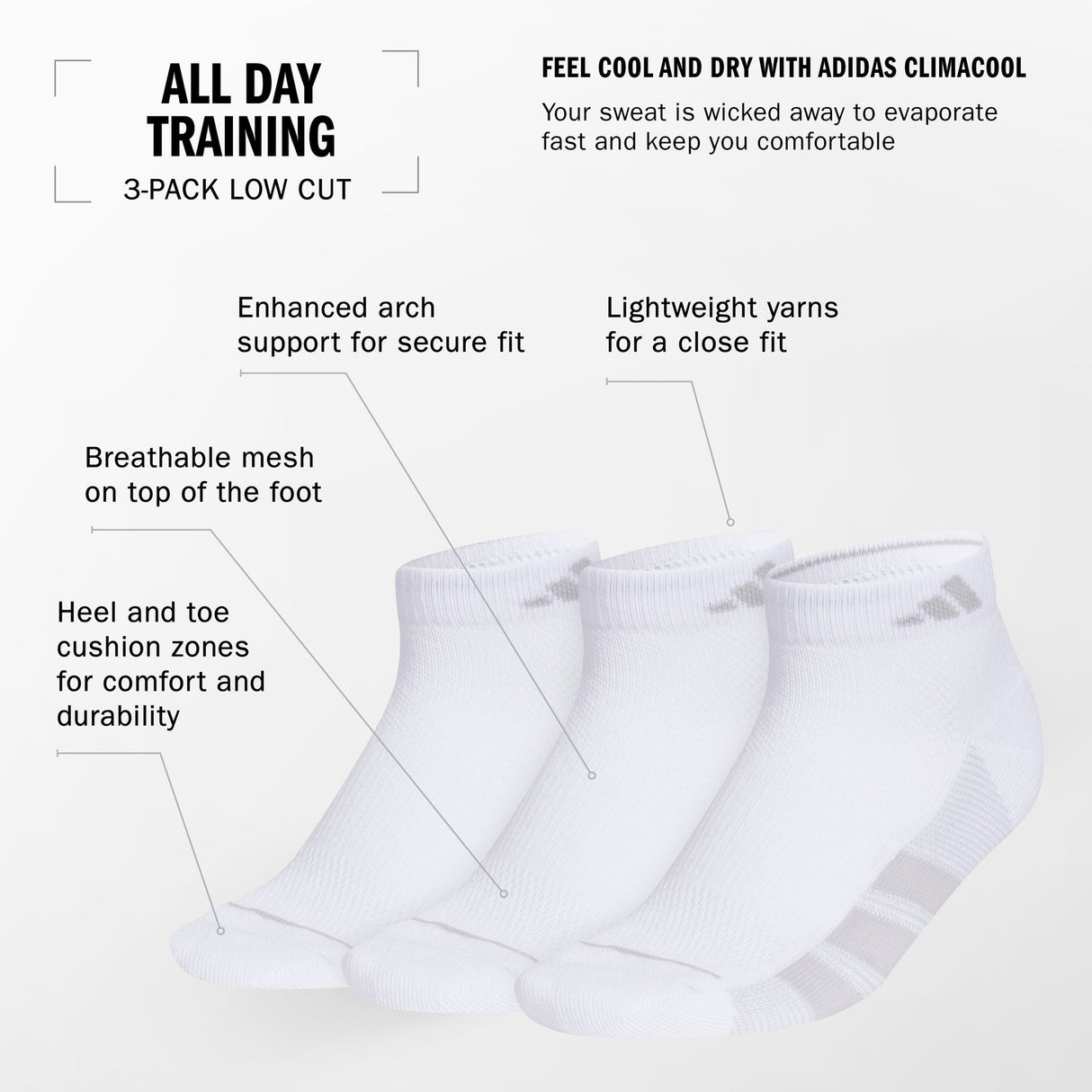 adidas Women's All Day Training 3-Pack Low Cut Socks Unisex Accessories Socks