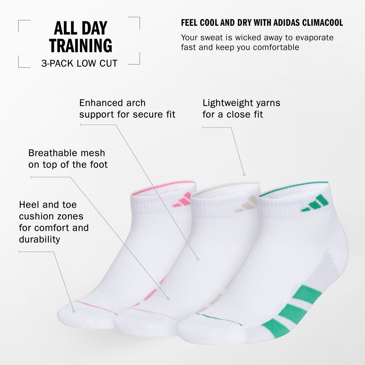 adidas Women's All Day Training 3-Pack Low Cut Socks Unisex Accessories Socks