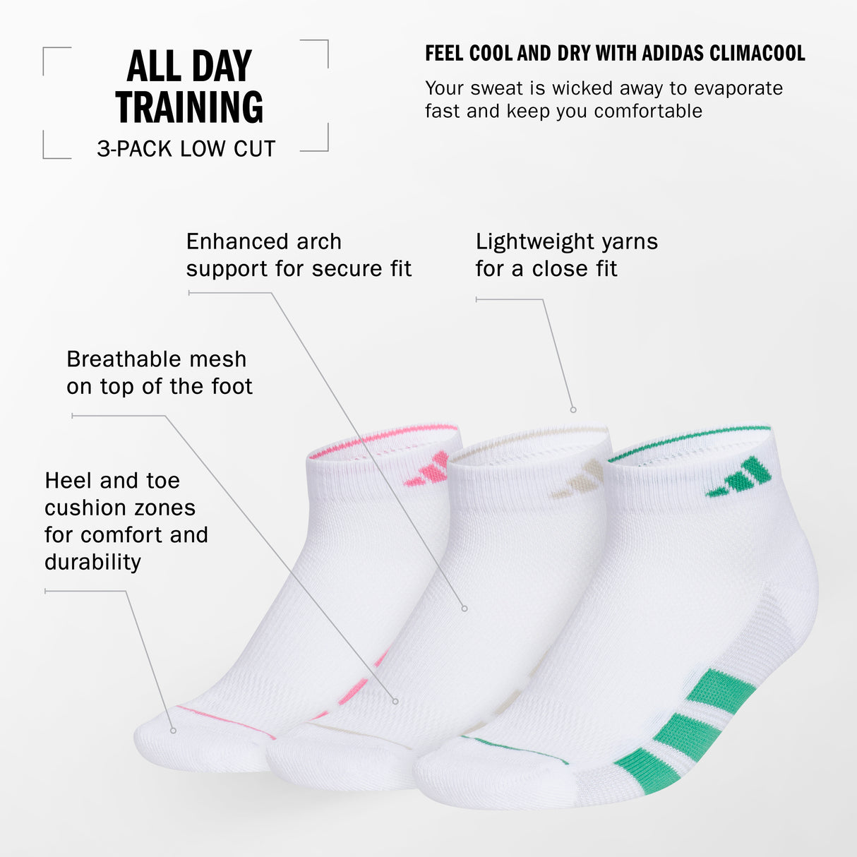 adidas Women's All Day Training 3-Pack Low Cut Socks-2