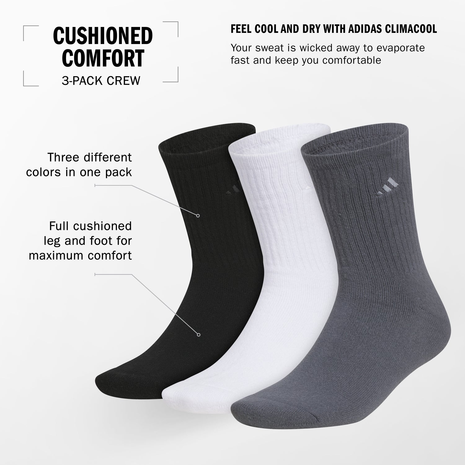 adidas Men's Cushioned Comfort 3-Pack Crew Socks Unisex Accessories Socks