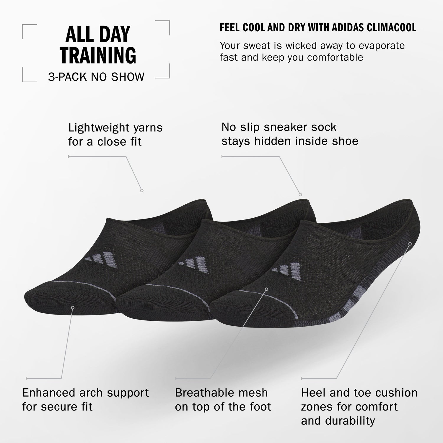 adidas Men's All Day Training 3-Pack Super No Show Socks Unisex Accessories Socks