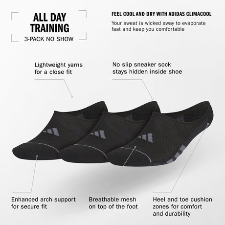 adidas Men's All Day Training 3-Pack Super No Show Socks Unisex Accessories Socks