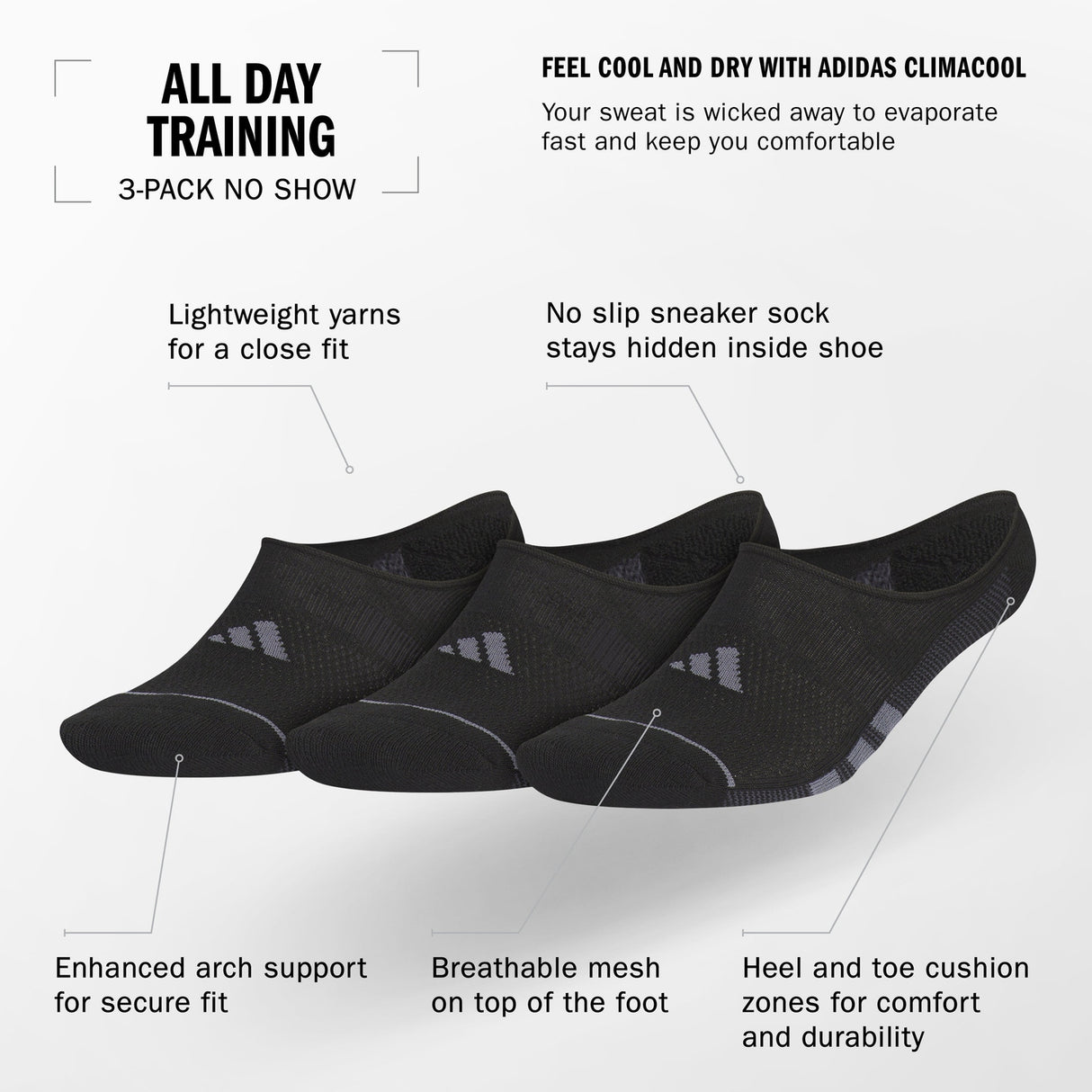 adidas Men's All Day Training 3-Pack Super No Show Socks Unisex Accessories Socks