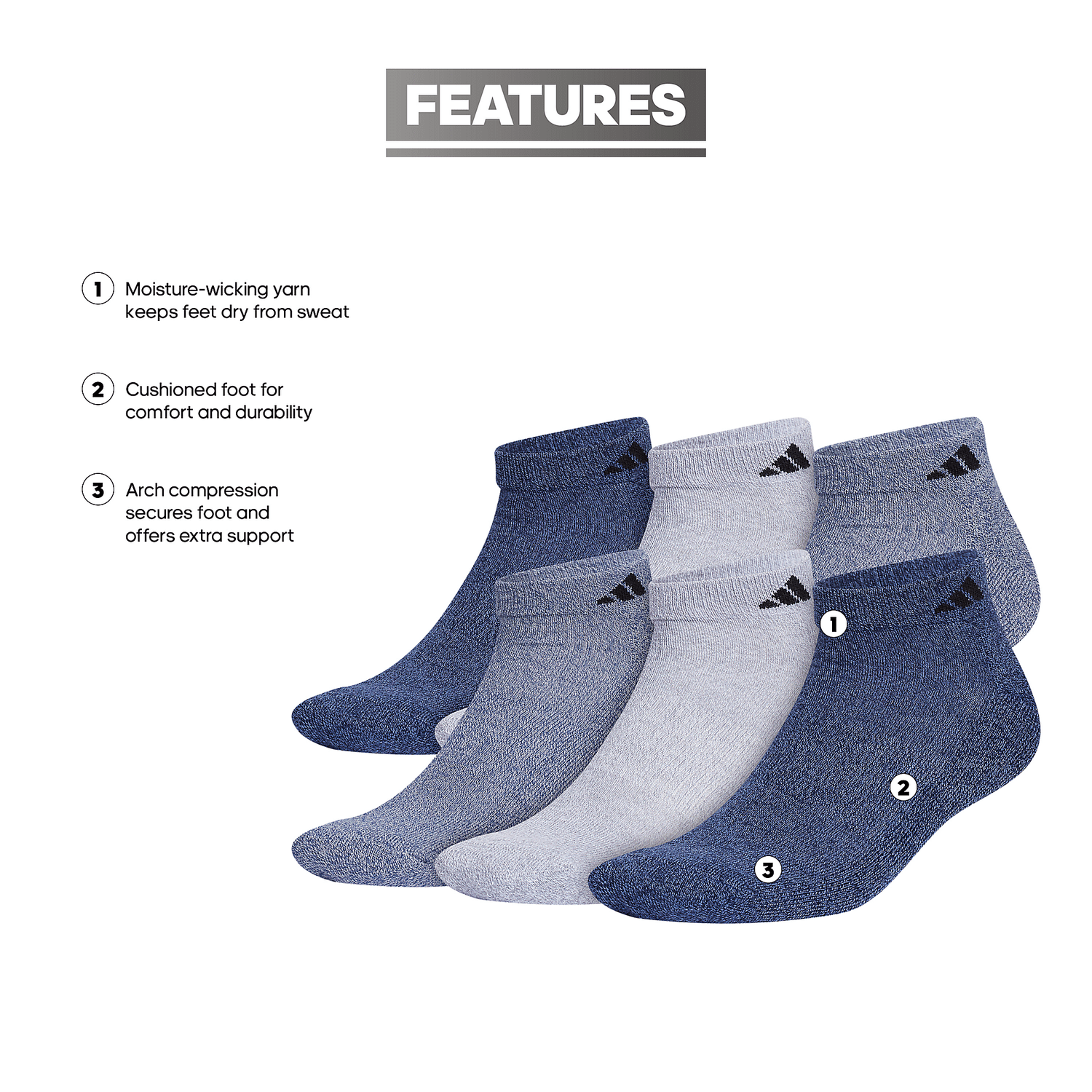 adidas Men's Athletic Cushioned Low Cut Socks 6-Pack Unisex Accessories Socks