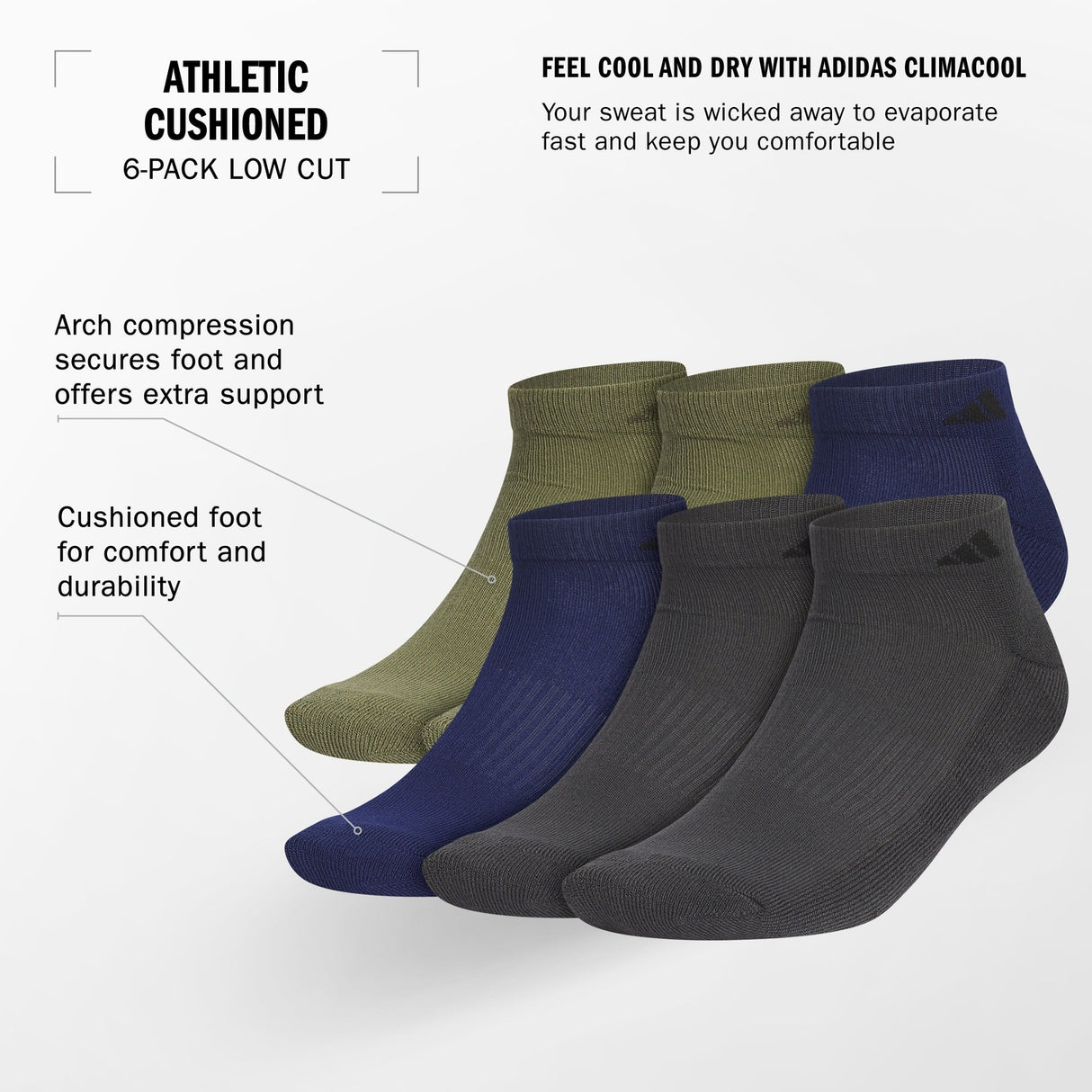 adidas Men's Athletic Cushioned Low Cut Socks 6-Pack Unisex Accessories Socks