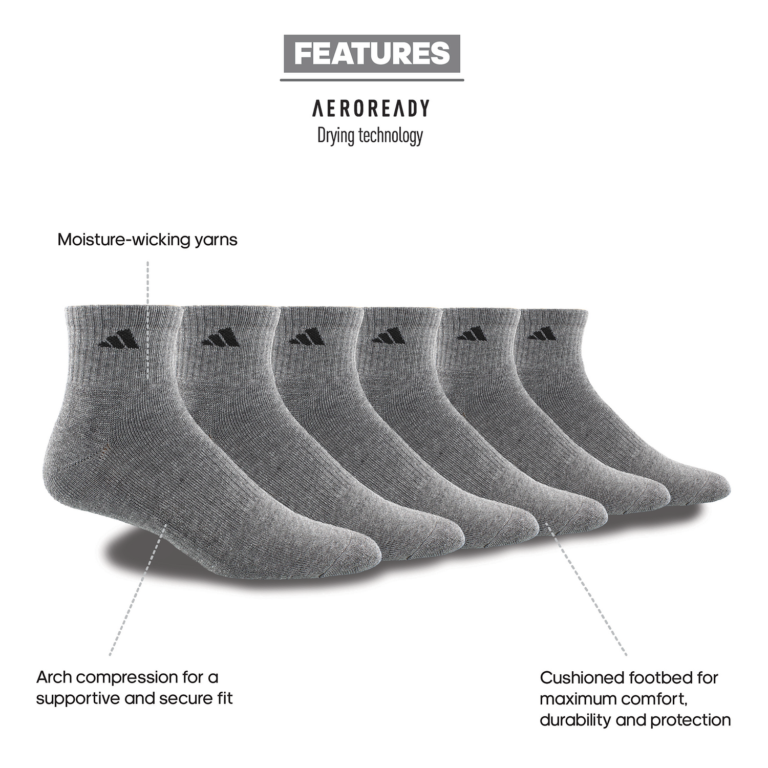 adidas Men's Athletic Cushioned Quarter Socks 3-Pairs Unisex Accessories Socks