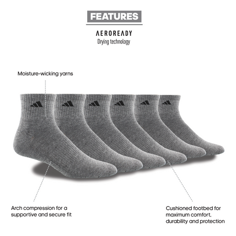 adidas Men's Athletic Cushioned Quarter Socks 3-Pairs Unisex Accessories Socks