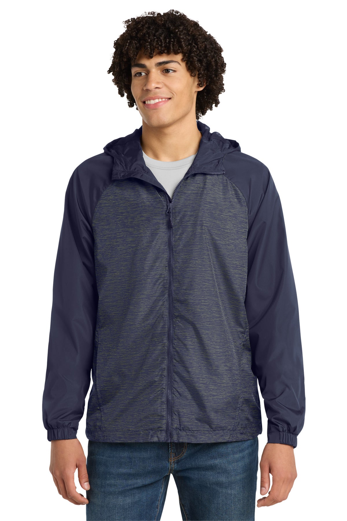 Sport-Tek Men's Heather Colorblock Raglan Hooded Wind Jacket