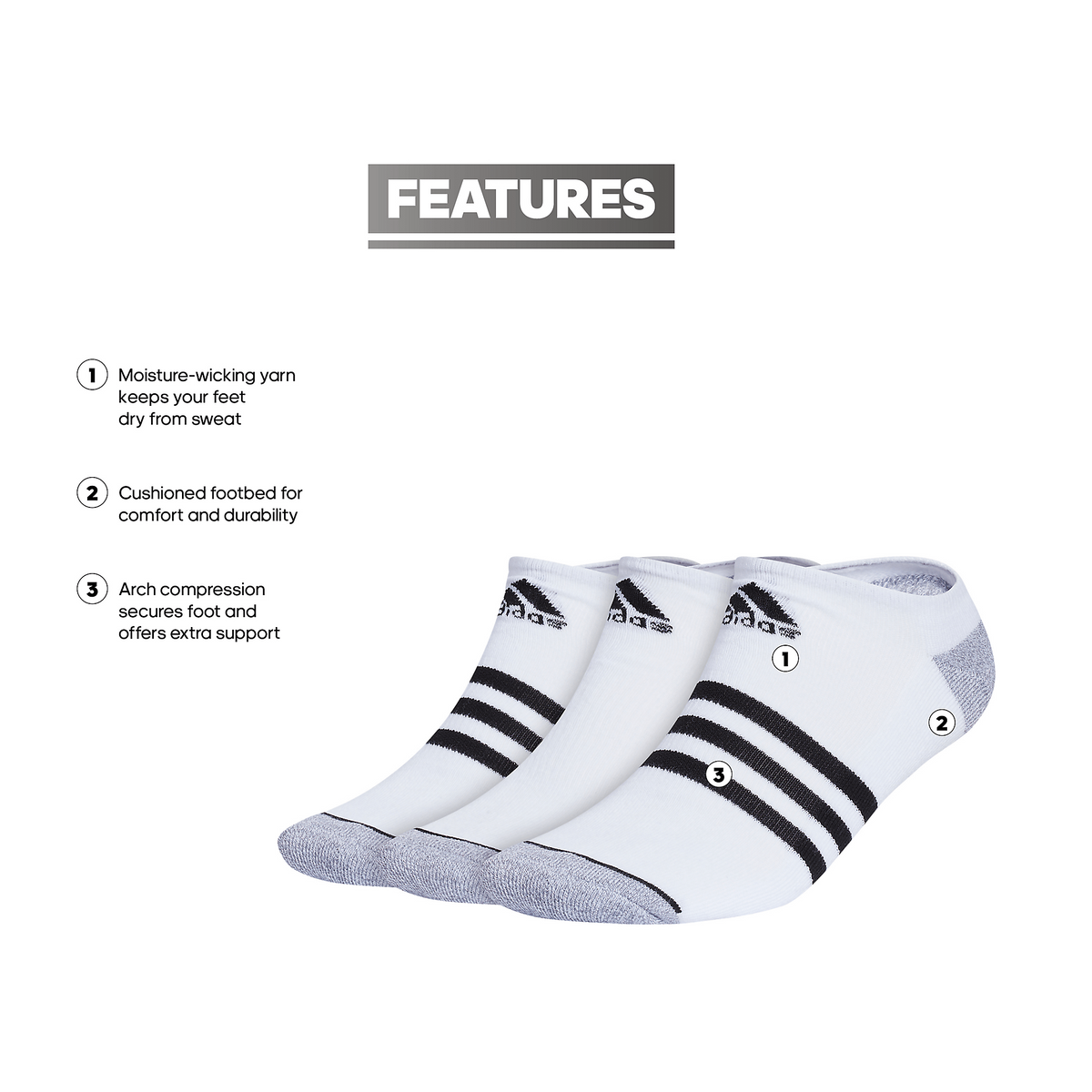 adidas Men's Cushioned 3-Stripe 3.0 3-Pack No Show Sock-2