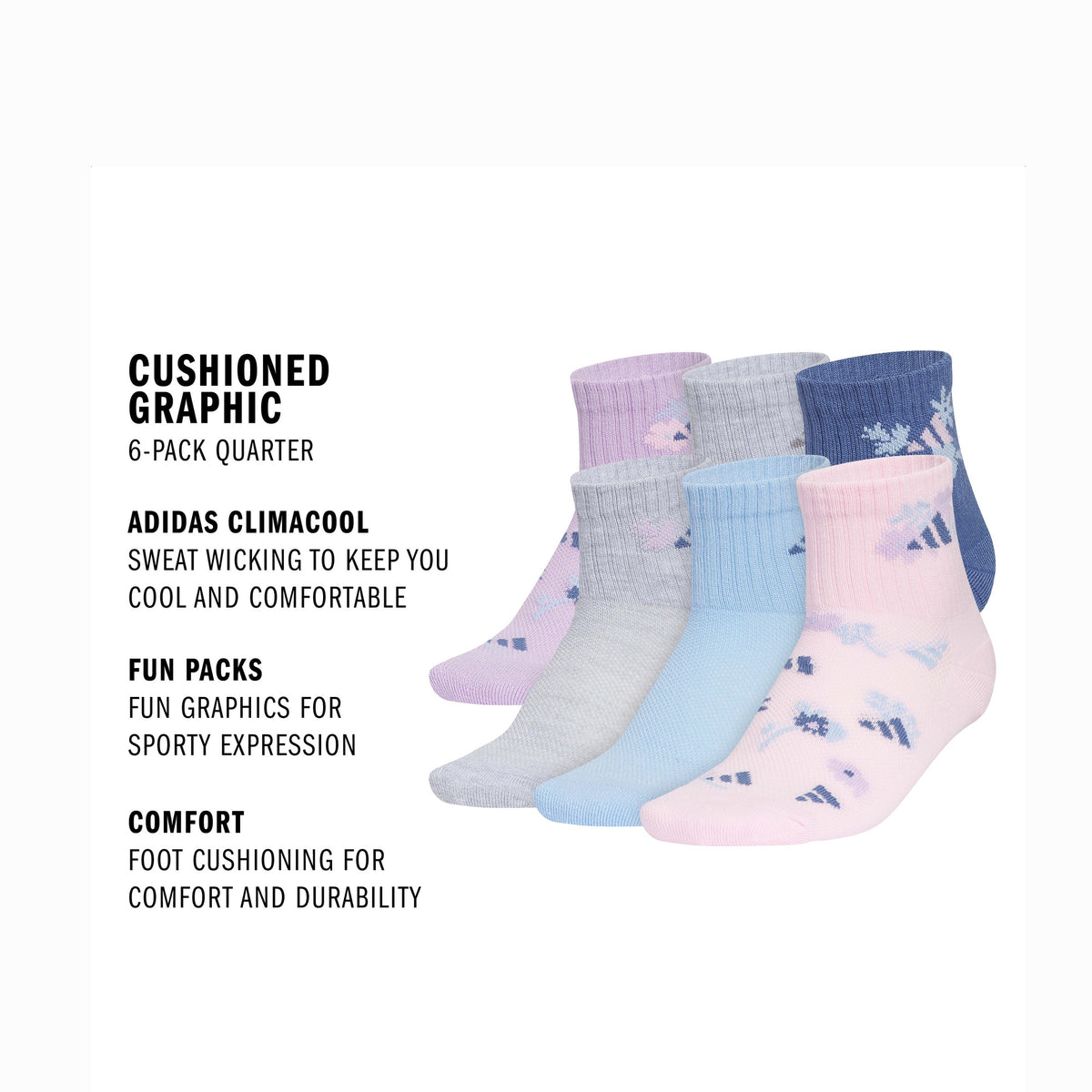 adidas Girl's Cushioned Graphic 6-Pack Quarter Sock-2