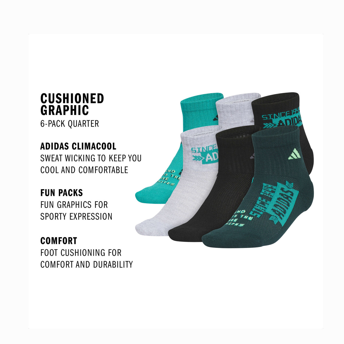 adidas Youth Cushioned Graphic 6-Pack Quarter Sock-2