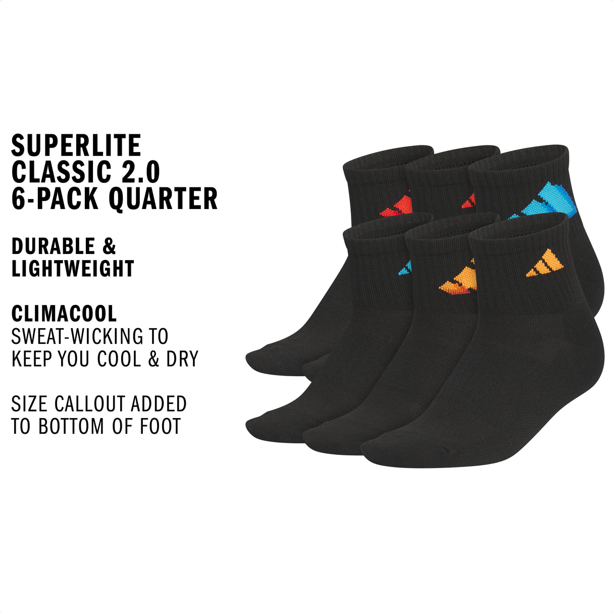 adidas Youth Superlite Classic 2.0 6-Pack Quarter Sock-2