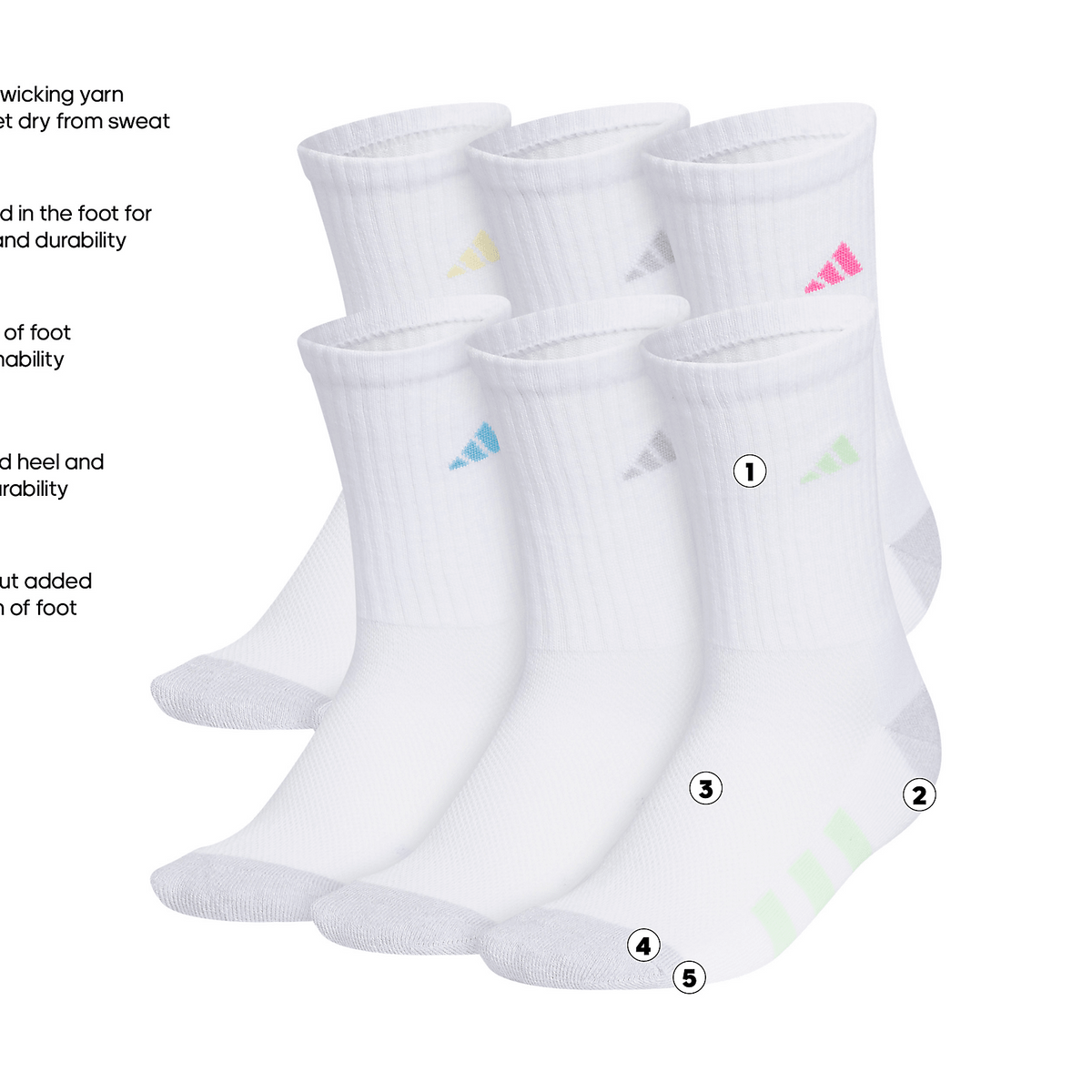 adidas Girl's Athletic Cushioned 6-Pack Crew Sock-2