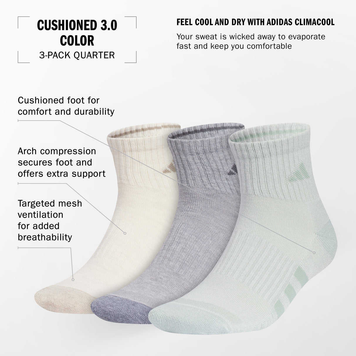 adidas Men's Cushioned 3.0 Color 3-Pack Quarter Sock-2