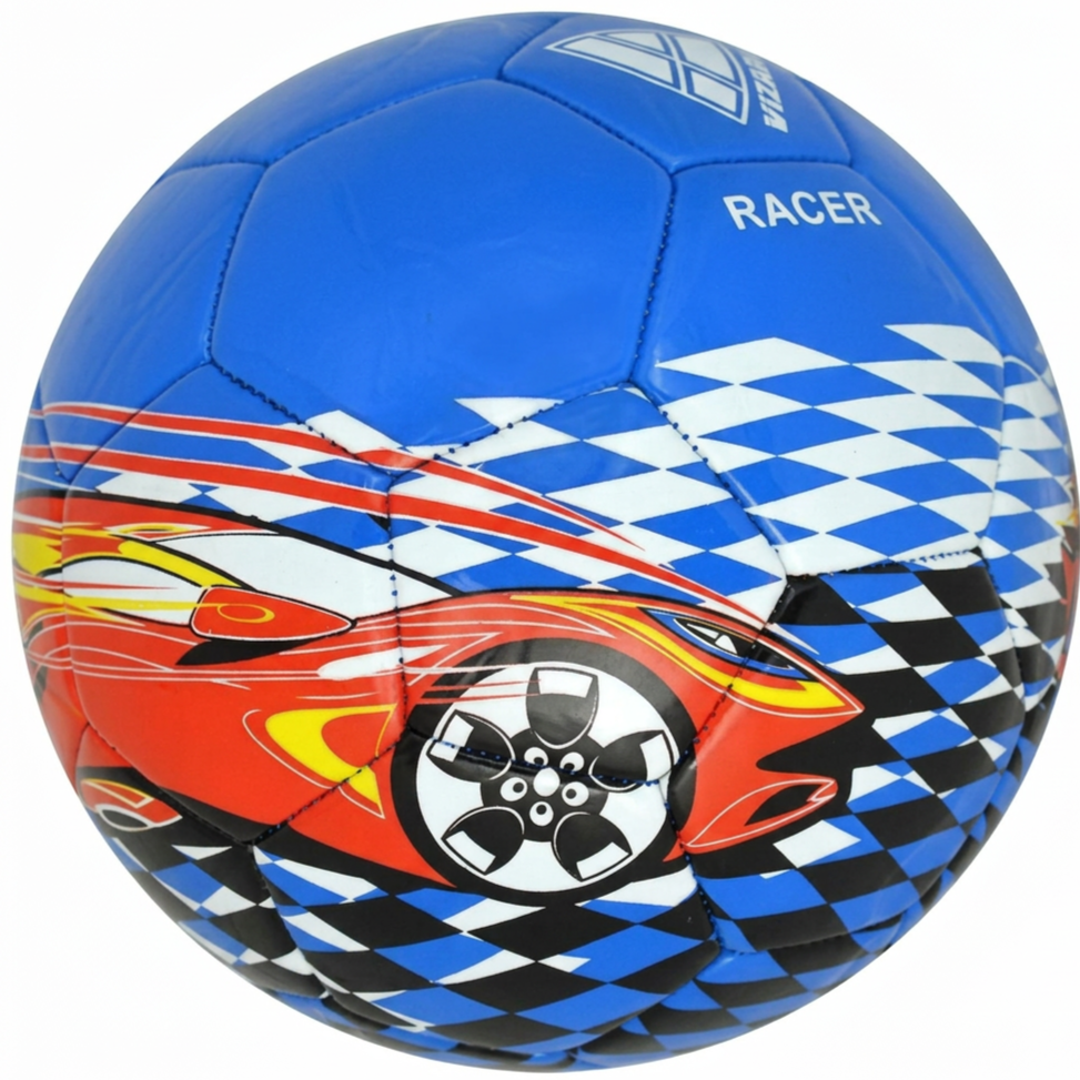 Blue Vizari Racer soccer ball featuring a red race car graphic and white checkered pattern