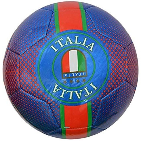 Vizari Italia soccer ball in bright blue with red and green vertical stripes and central Italia crest