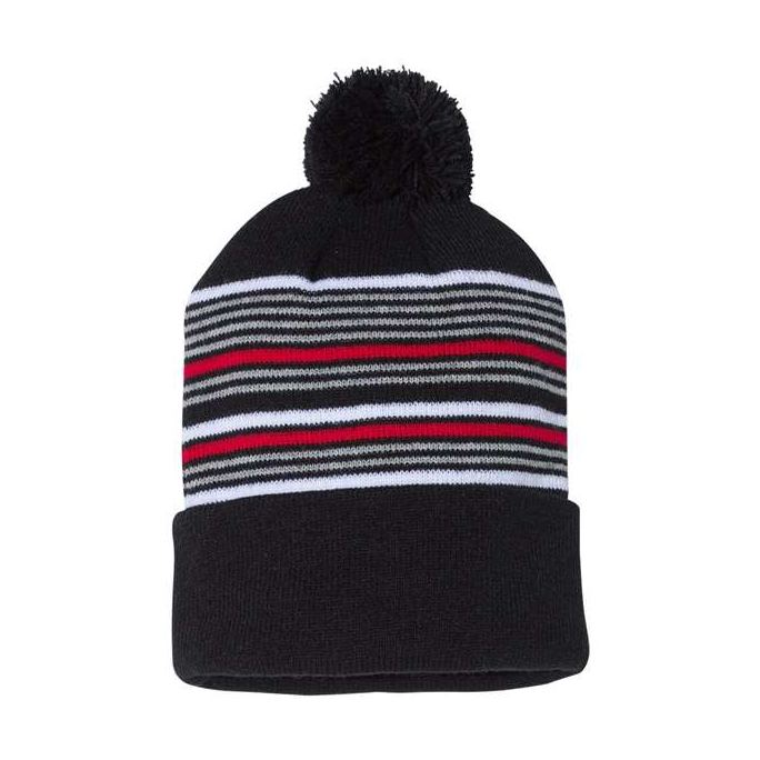 Sportsman 12" Striped Pom-Pom Cuffed Beanie