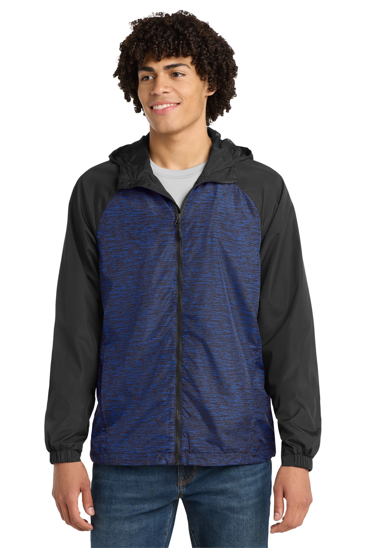 Sport-Tek Men's Heather Colorblock Raglan Hooded Wind Jacket