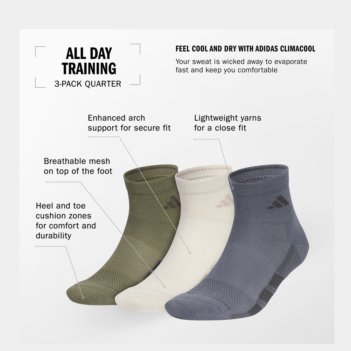 adidas Men's All Day Training 3-Pack Quarter Sock-2