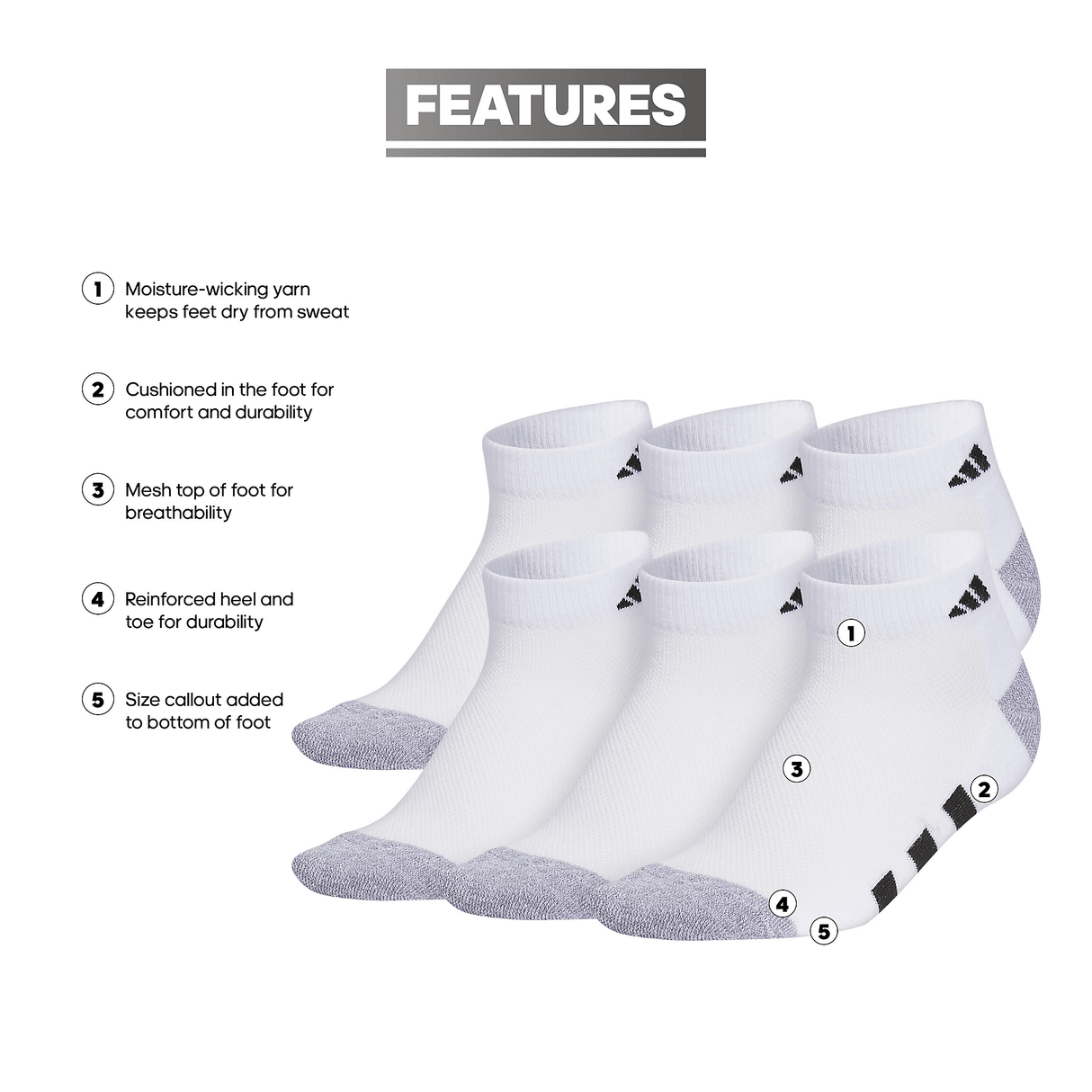adidas Youth Athletic Cushioned 6-Pack Low Cut Sock-2