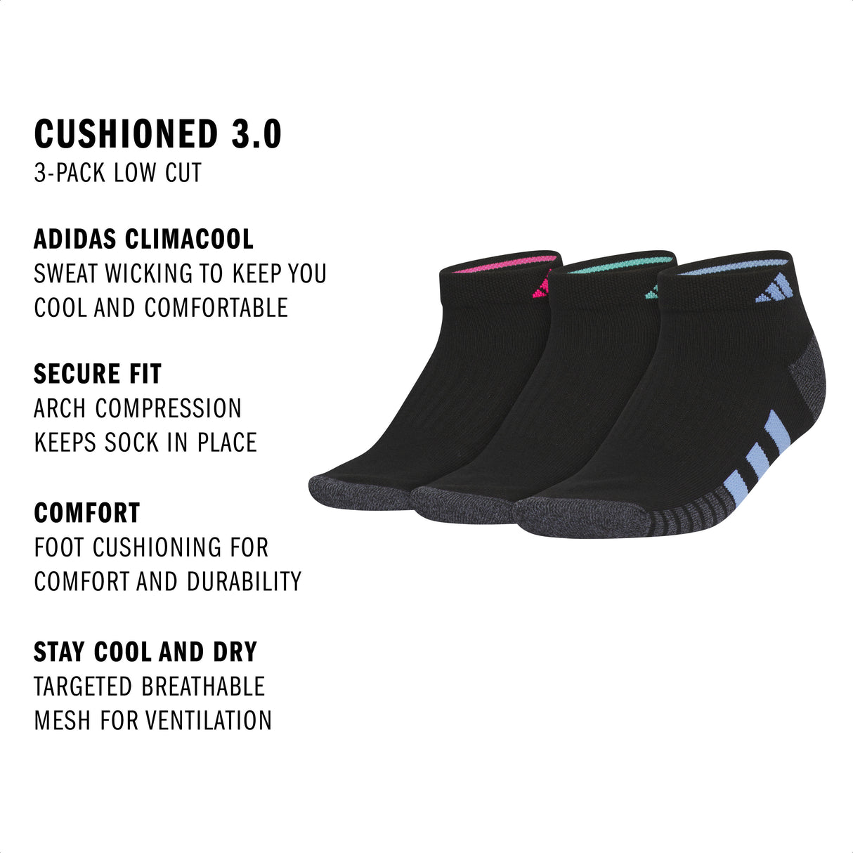 adidas Women's Cushioned 3.0 3-Pack Low Cut Sock-2
