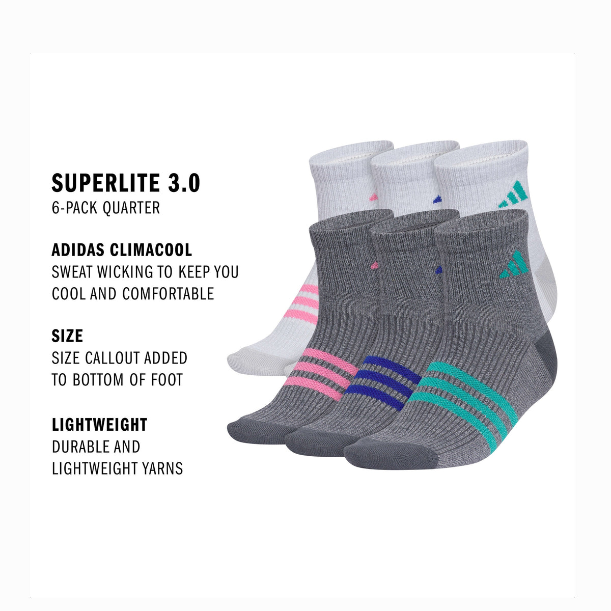 adidas Girl's Superlite 3.0 6-Pack Quarter Sock-2