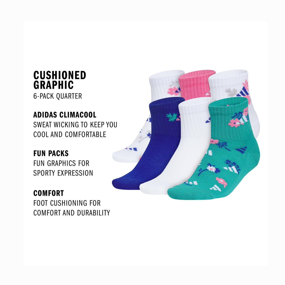 adidas Girl's Cushioned Graphic 6-Pack Quarter Sock-2