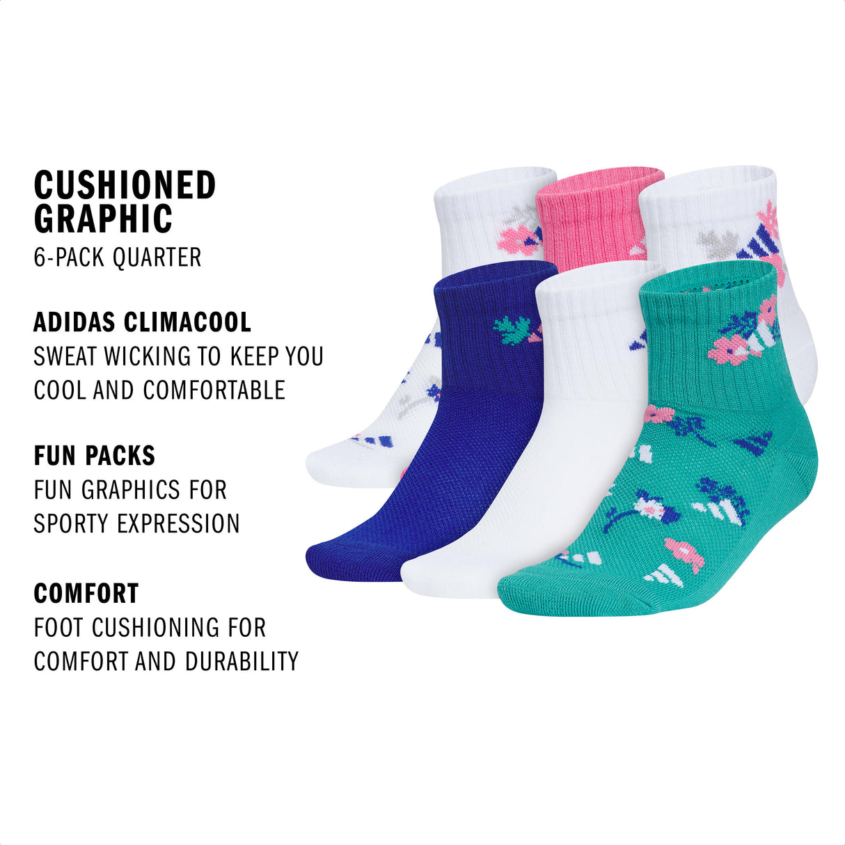 adidas Girl's Cushioned Graphic 6-Pack Quarter Sock-2