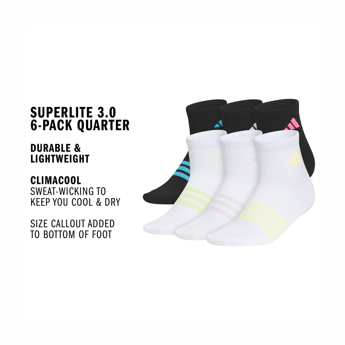 adidas Girl's Superlite 3.0 6-Pack Quarter Sock-2