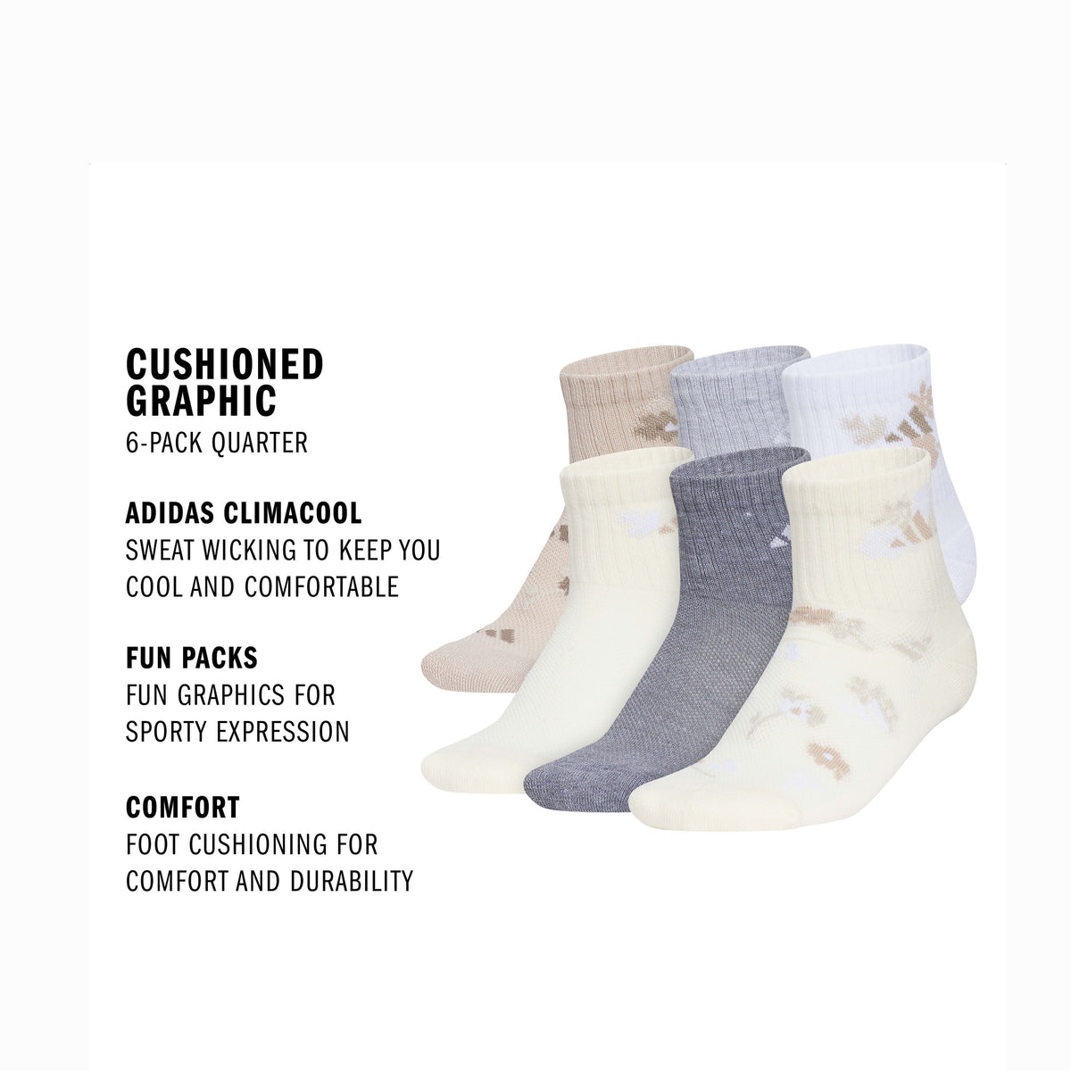 adidas Girl's Cushioned Graphic 6-Pack Quarter Sock-2
