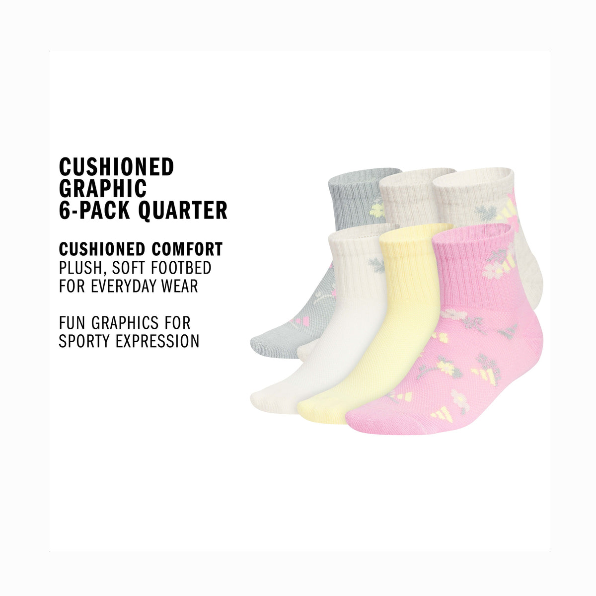 adidas Girl's Cushioned Graphic 6-Pack Quarter Sock-2