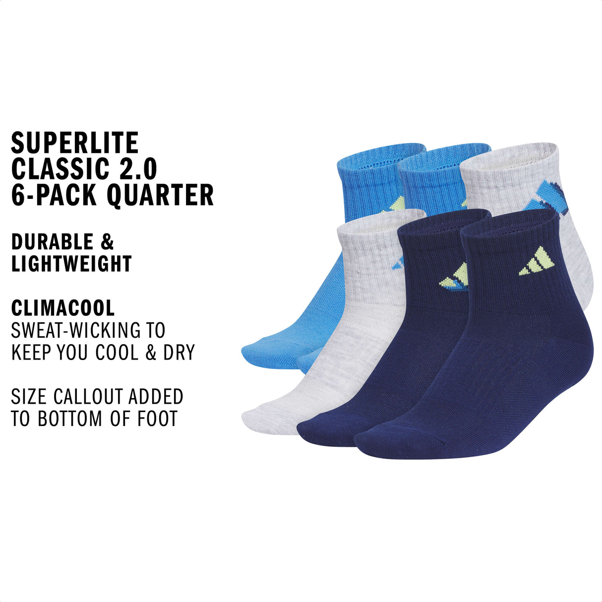 adidas Youth Superlite Classic 2.0 6-Pack Quarter Sock-2