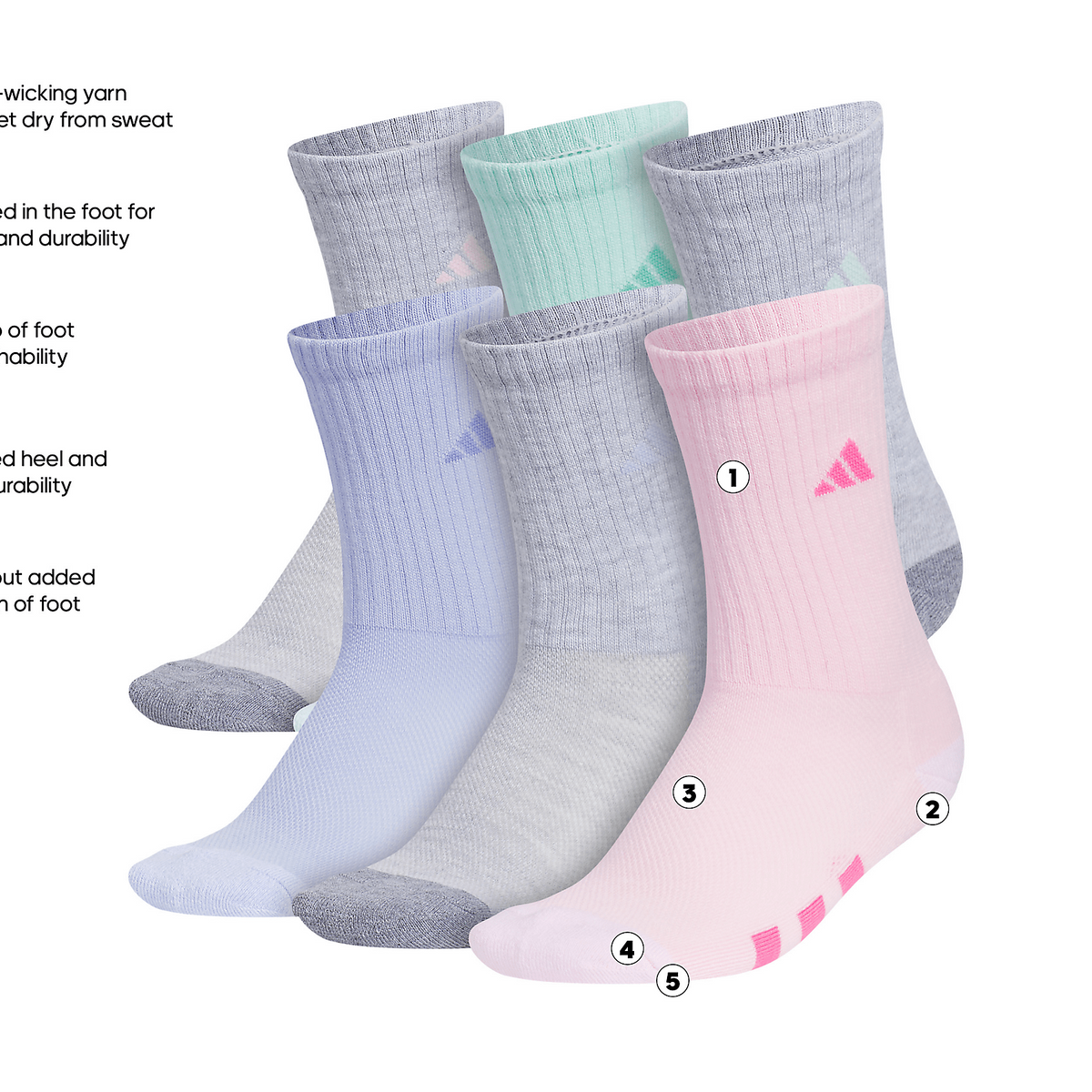 adidas Girl's Athletic Cushioned 6-Pack Crew Sock-2
