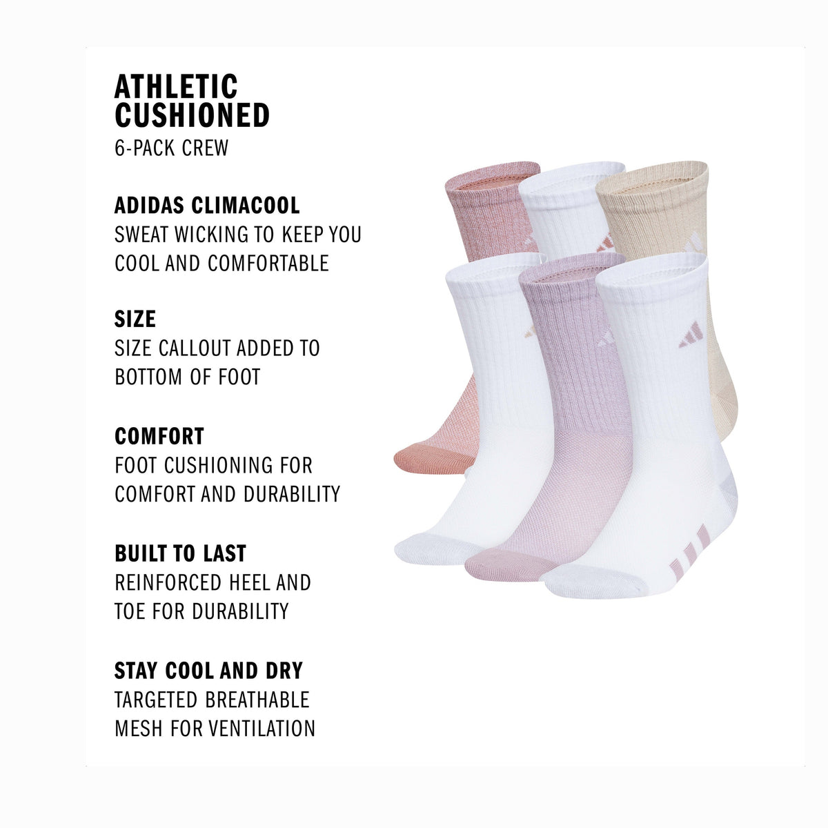 adidas Girl's Athletic Cushioned 6-Pack Crew Sock-2