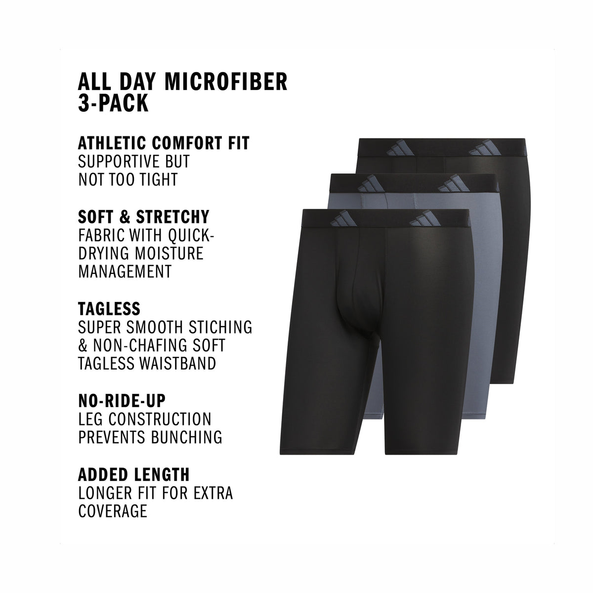 adidas Men's All Day Microfiber 3-Pack Long Boxer Brief-2