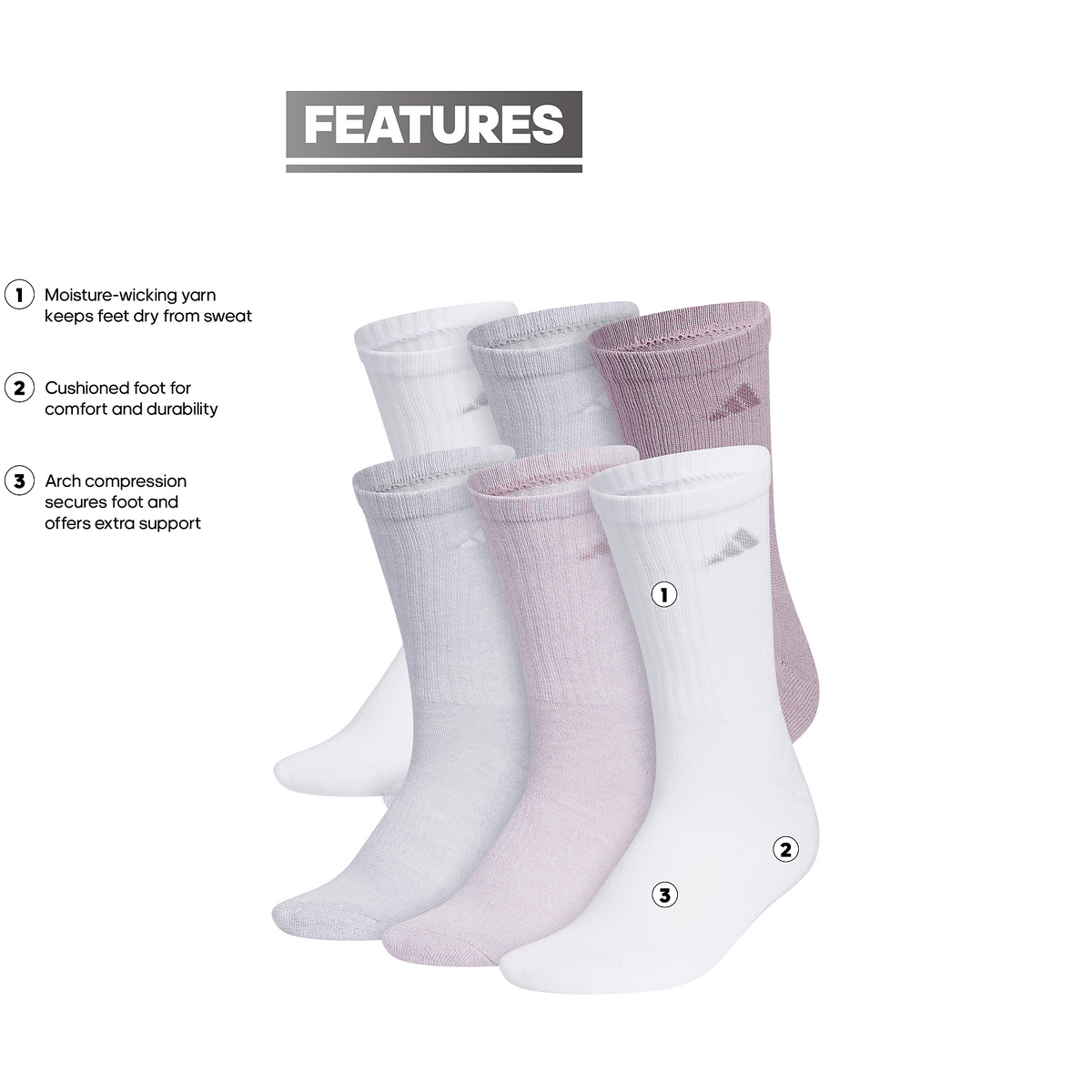 adidas Women's Athletic Cushioned 6-Pack Crew Sock-2