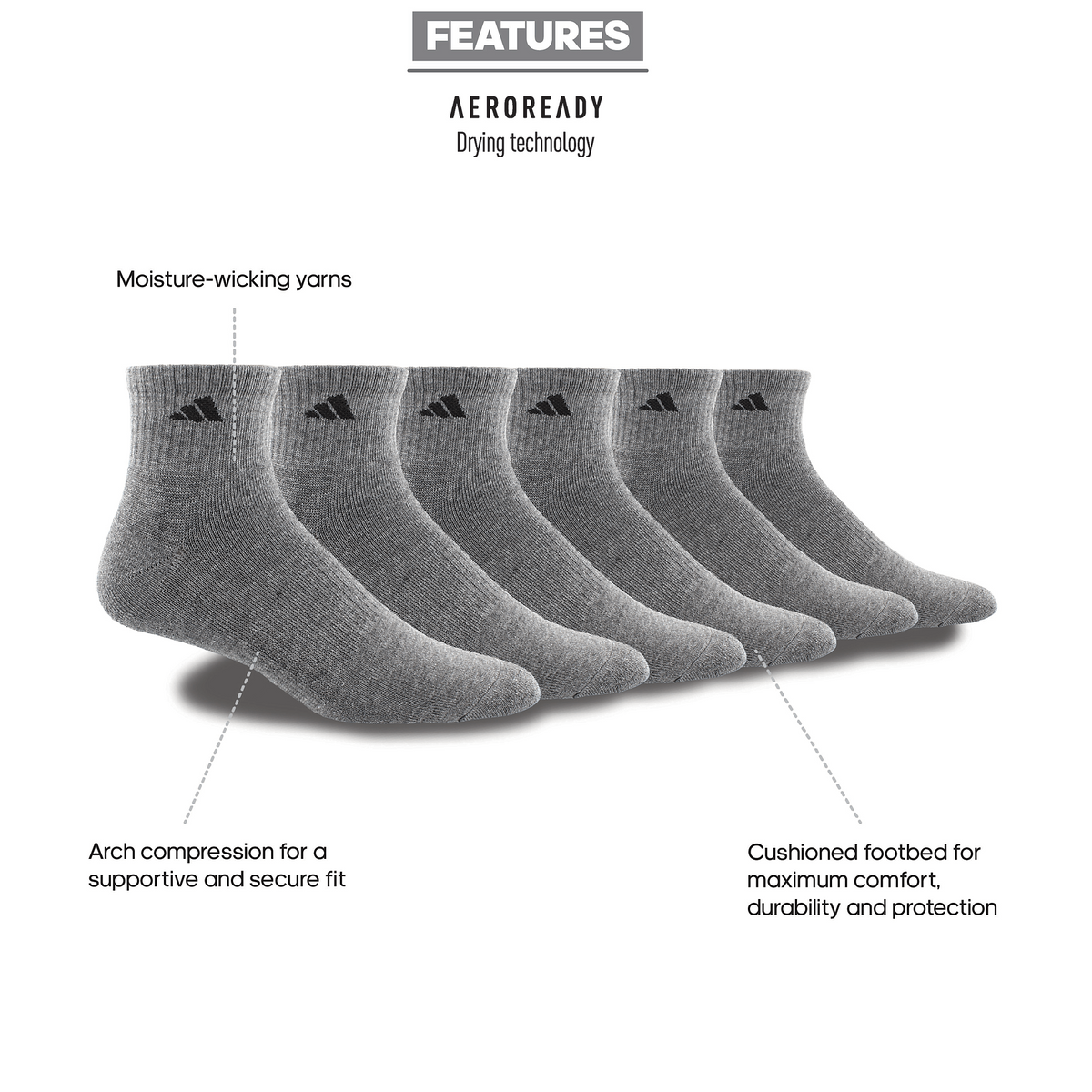 adidas Men's Athletic Cushioned 6-Pack Quarter Sock-2