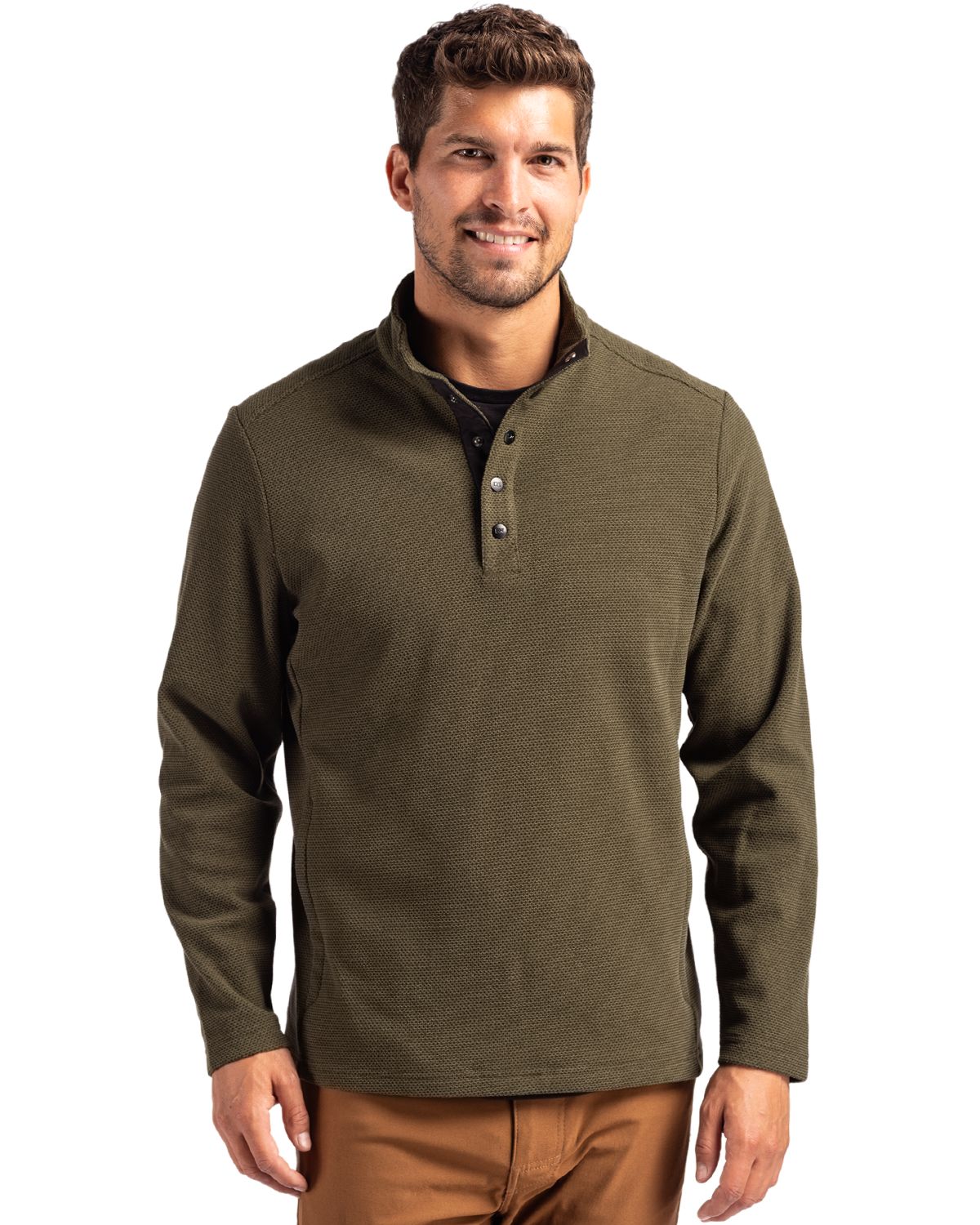 Cutter & Buck Men's Hunts Point Recycled Fleece Hybrid Snap Placket Pullover-1