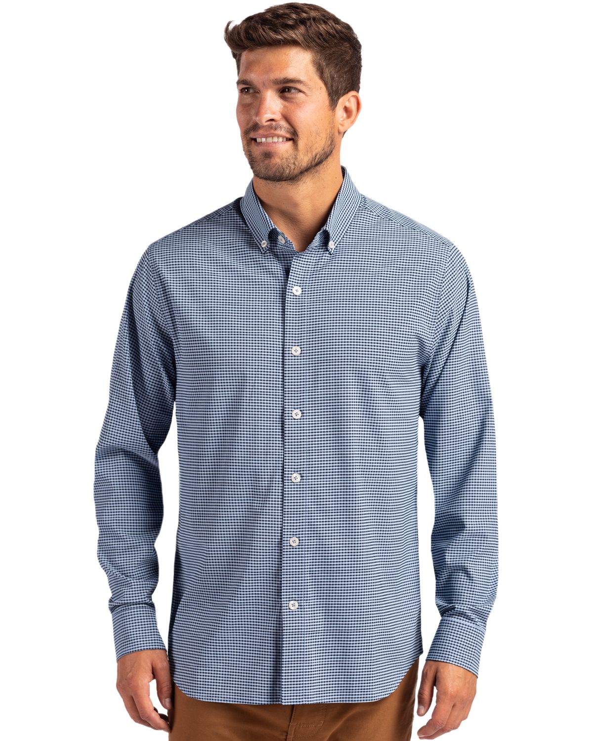 Cutter & Buck Men's Skyline Recycled Gingham Long Sleeve Button Down Dress Shirt-5