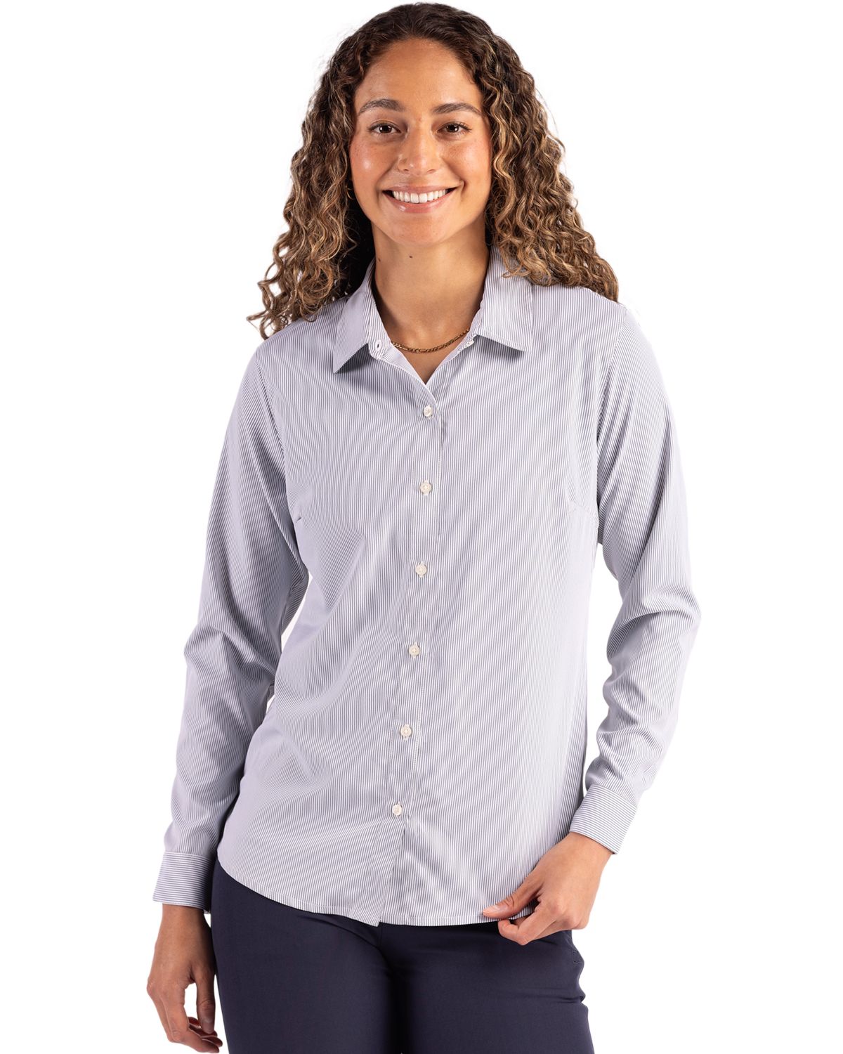 Cutter & Buck Women's Skyline Recycled Pinstripe Long Sleeve Spread Collar Dress Shirt-6
