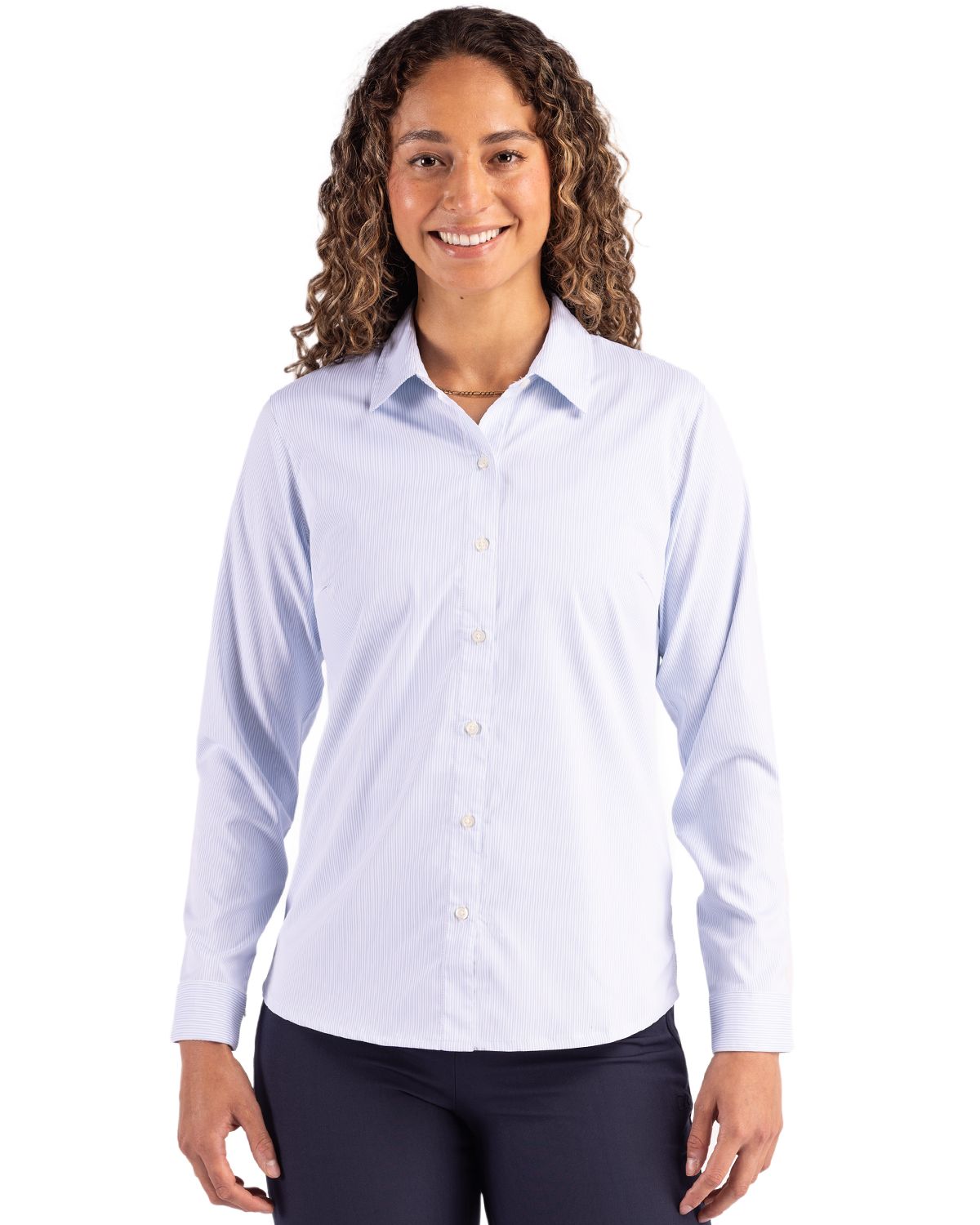 Cutter & Buck Women's Skyline Recycled Pinstripe Long Sleeve Spread Collar Dress Shirt-1