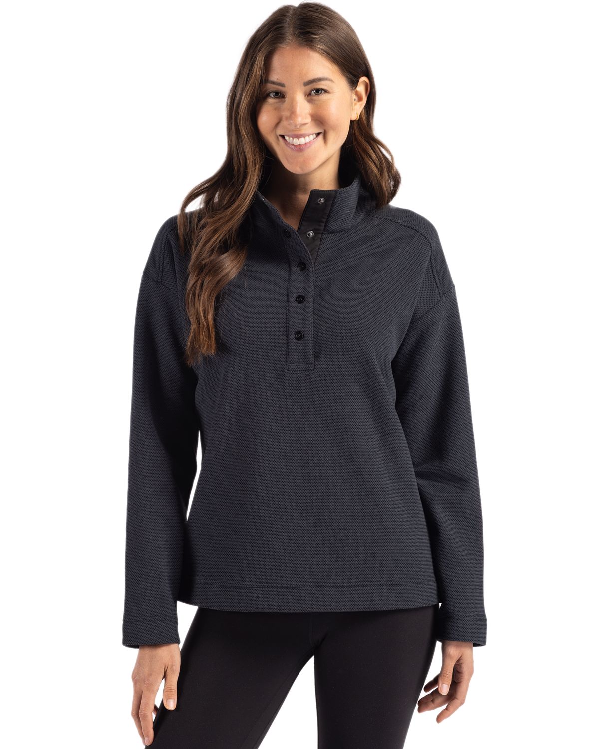Cutter & Buck Women's Hunts Point Recycled Fleece Hybrid Snap Placket Pullover-1