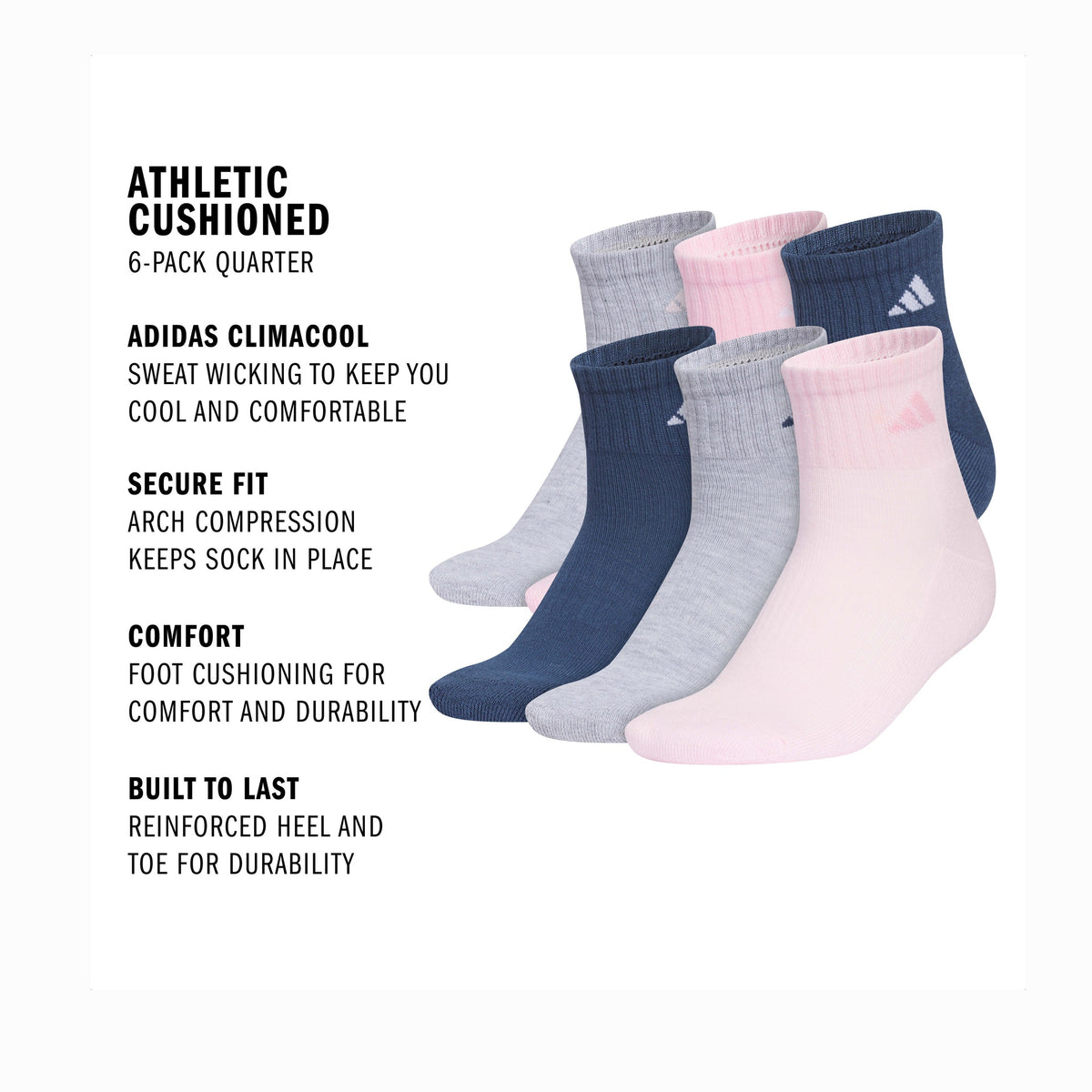 adidas Women's Athletic Cushioned 6-Pack Quarter Sock-2